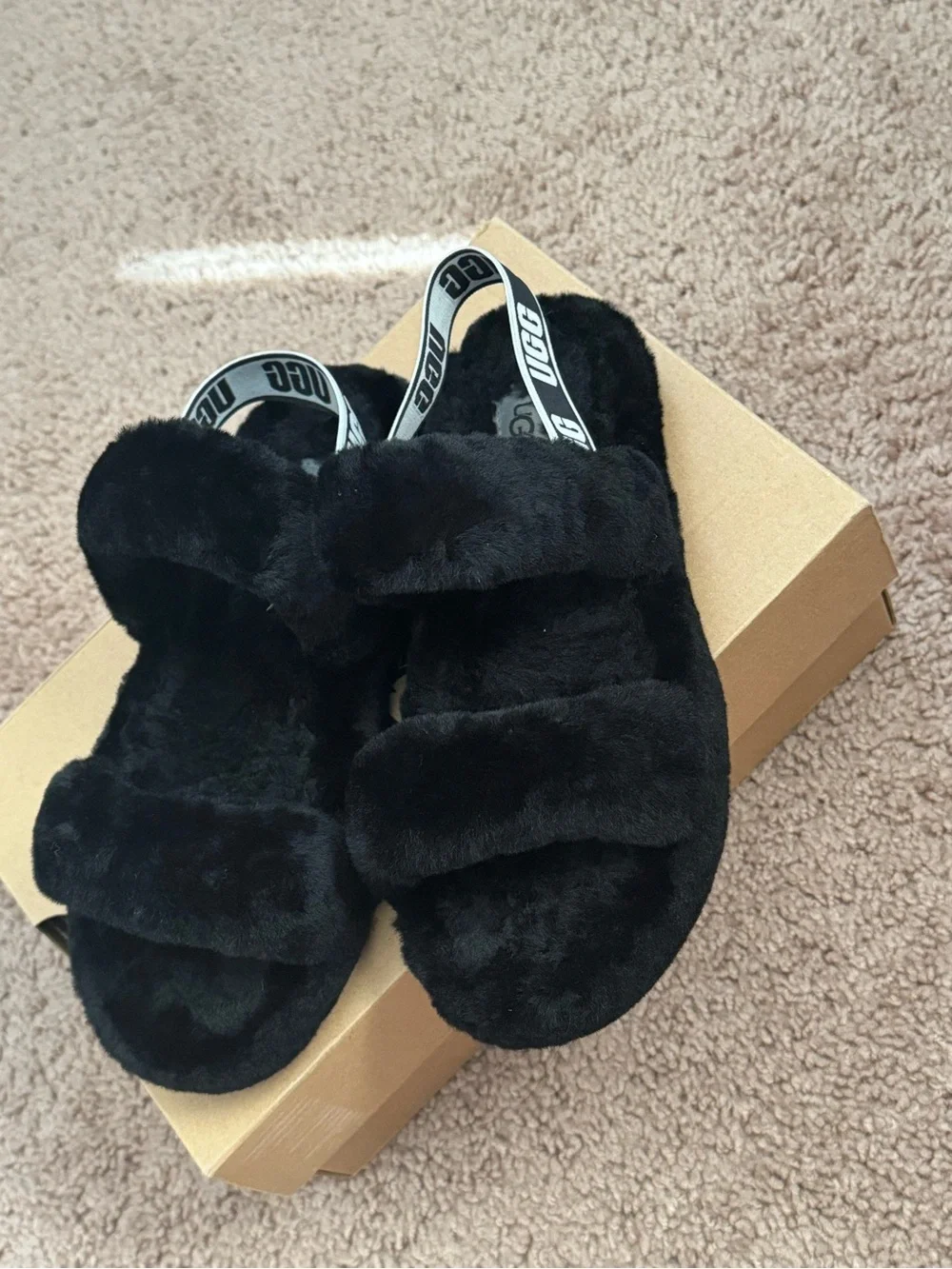 UGG Black Plush Shearling Dual-Strap Slides